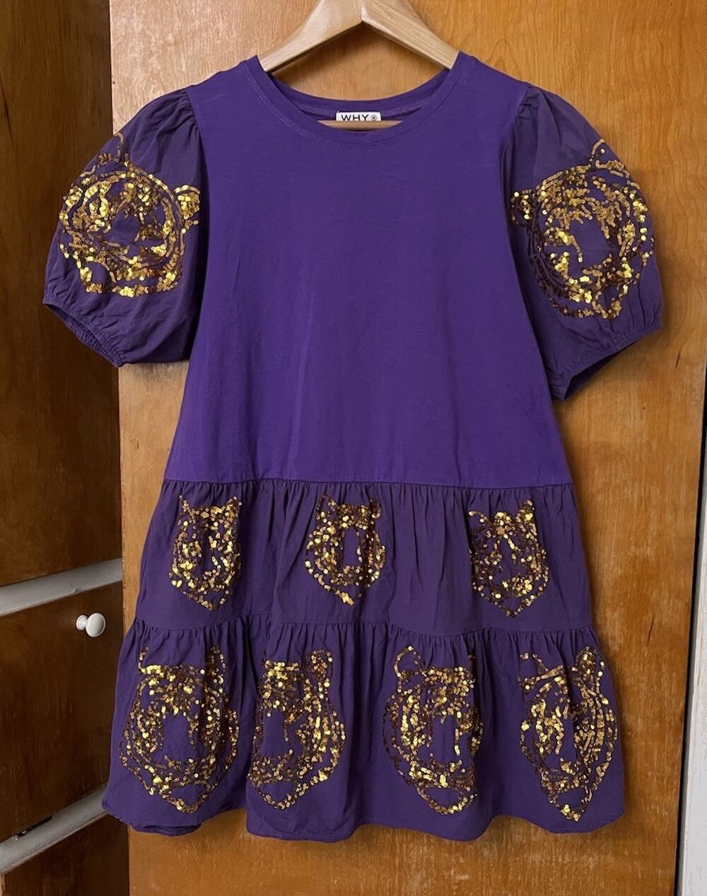 Purple Gold Sequins LSU TIGER Puff Sleeve Game day Mini Dress Tiered Sz M Spirit